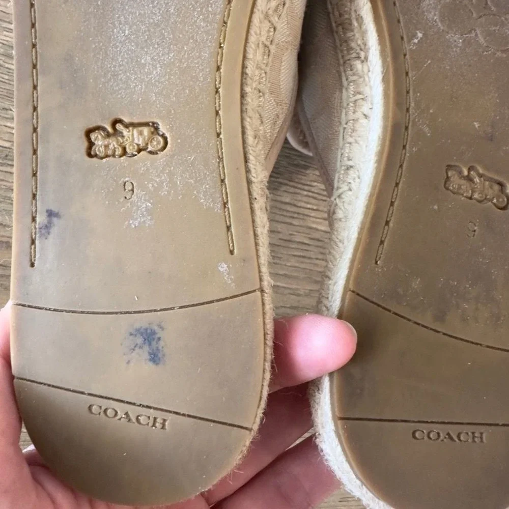 Coach Signature Espadrille Mules Slides Women's 9 Tan Beige Jacquard Tassel Bow